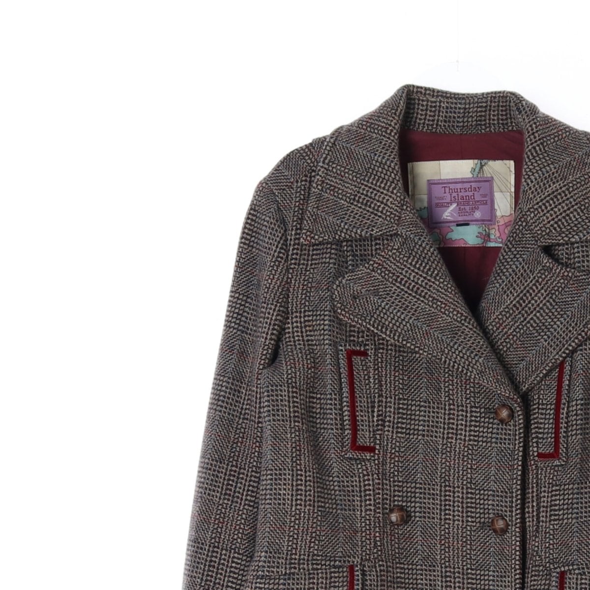 써스데이 아일랜드 울90% 체크 더블 하프 코트 상세 이미지 2