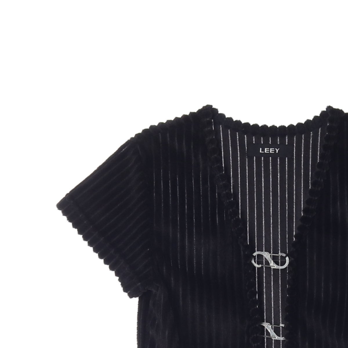 LEEY엘이이와이 블랙 메탈 크롭 반팔 가디건 상세 이미지 2