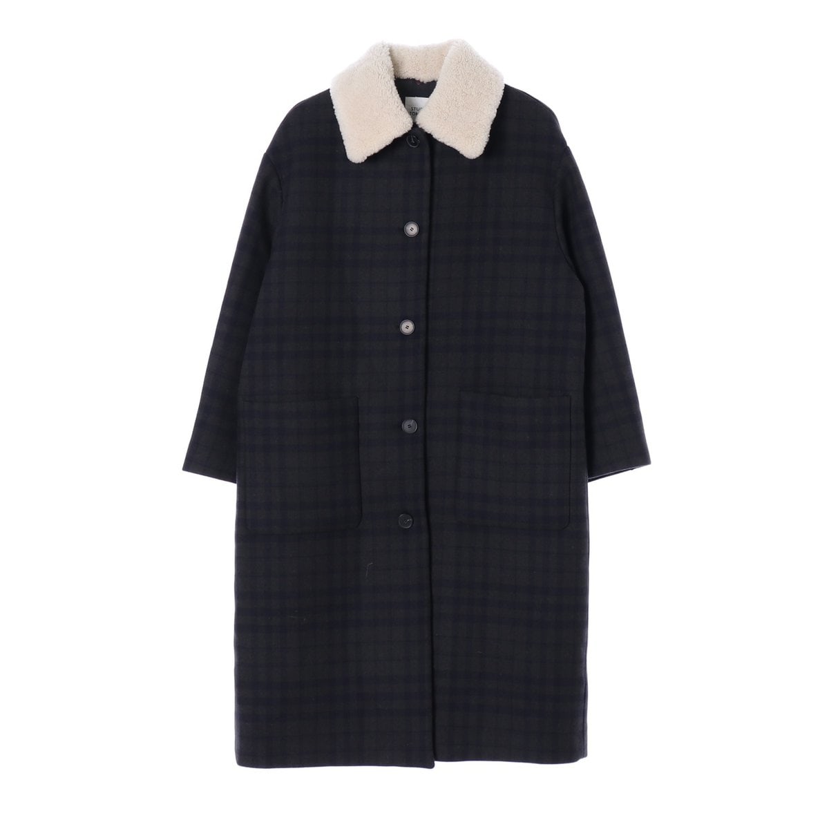 스튜디오 톰보이 울82% 퍼카라 네이비 체크 롱 발마칸 코트 이미지 1