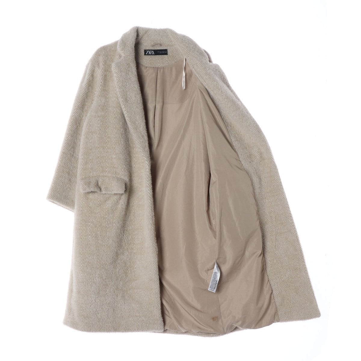 자라 베이지 헤링본 헤어리 롱 코트 상세 이미지 2