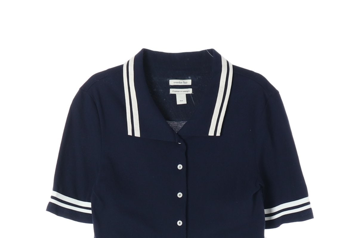 오버듀플레어 배색 카라 버튼 반팔 가디건 이미지 3