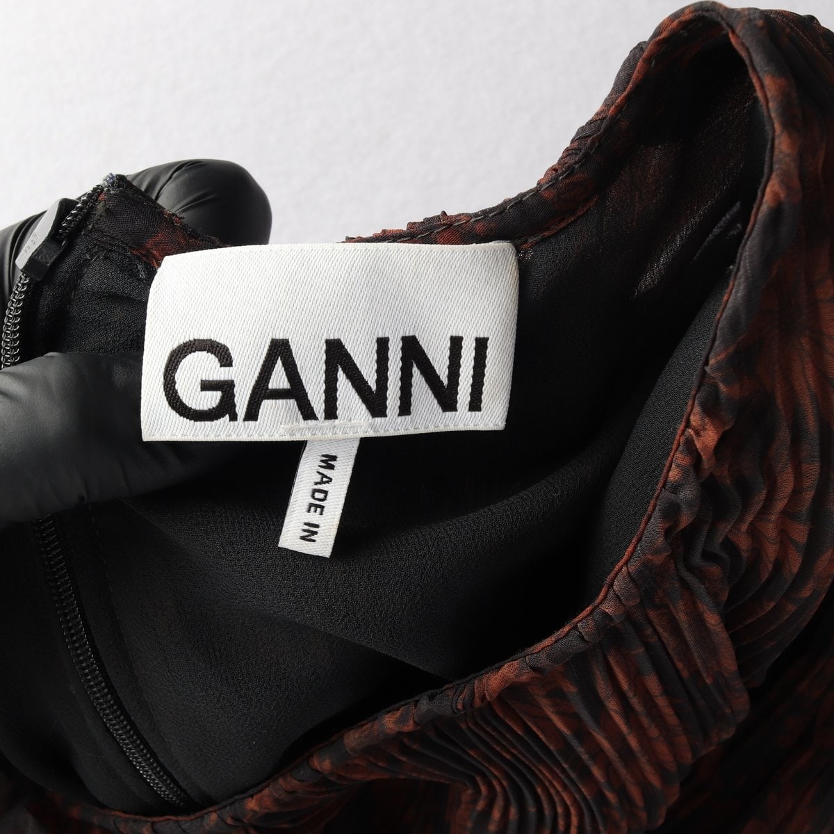 GANNI 가니 블랙 브라운 플로럴 플리츠 긴팔 원피스 드레스 이미지 6