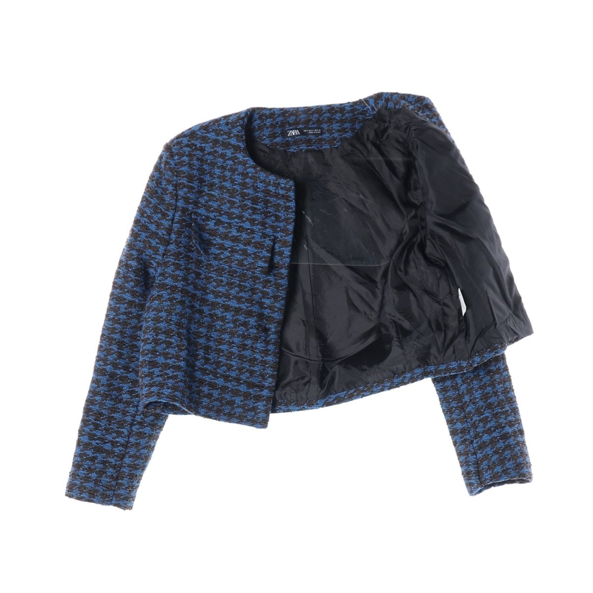 ZARA 자라 블루 블랙 노카라 크롭 트위드 자켓 재킷 이미지 2