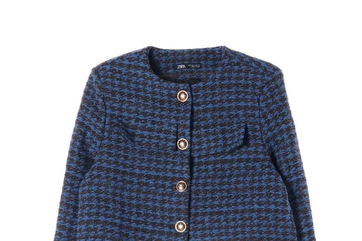 ZARA 자라 블루 블랙 노카라 크롭 트위드 자켓 재킷 상세 이미지 4