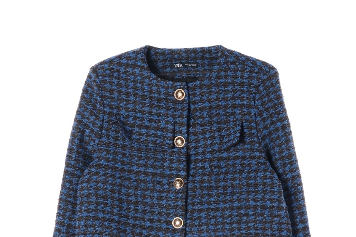 ZARA 자라 블루 블랙 노카라 크롭 트위드 자켓 재킷 이미지 4