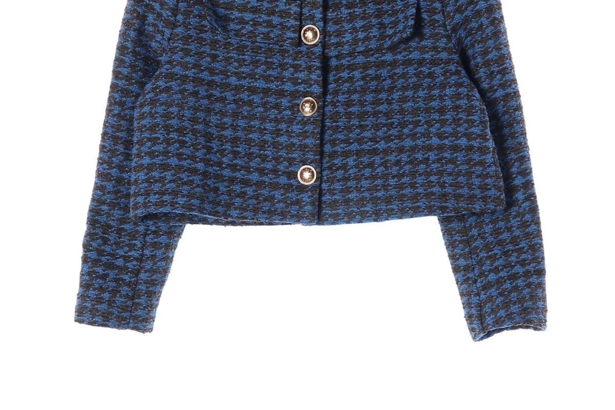 ZARA 자라 블루 블랙 노카라 크롭 트위드 자켓 재킷 이미지 5