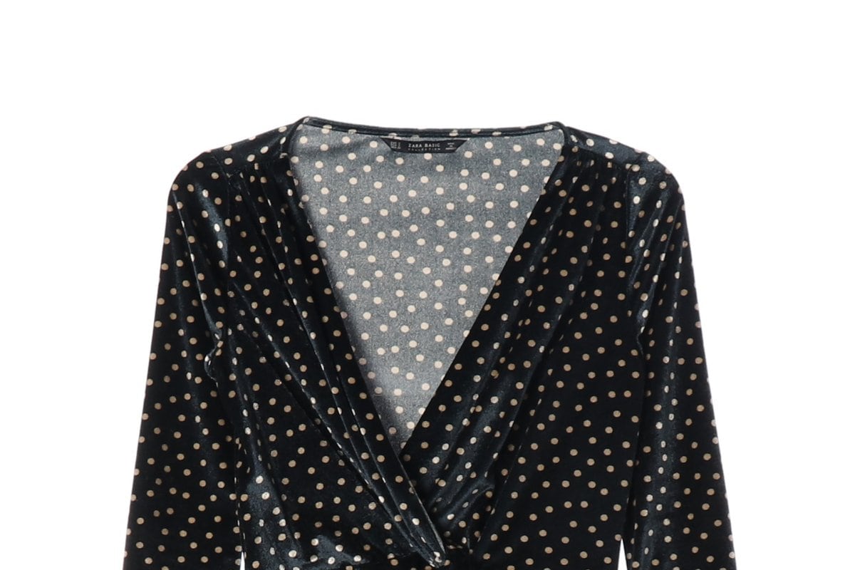 ZARA 자라 블랙 벨벳 도트 땡땡이 브이넥 반팔 랩 원피스 상세 이미지 3