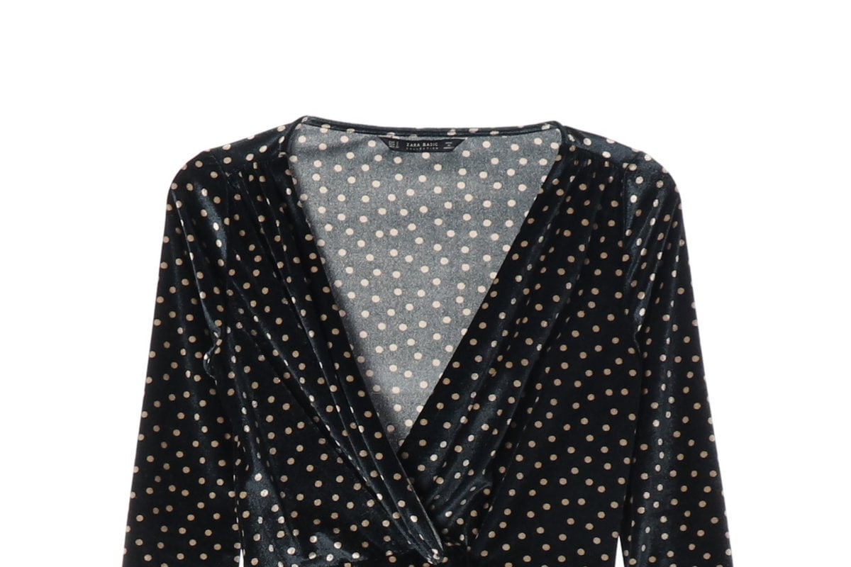ZARA 자라 블랙 벨벳 도트 땡땡이 브이넥 반팔 랩 원피스 이미지 3