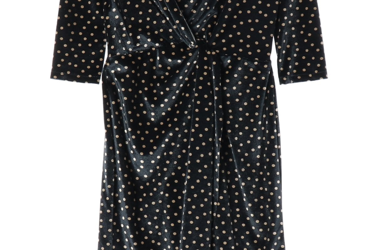 ZARA 자라 블랙 벨벳 도트 땡땡이 브이넥 반팔 랩 원피스 상세 이미지 4