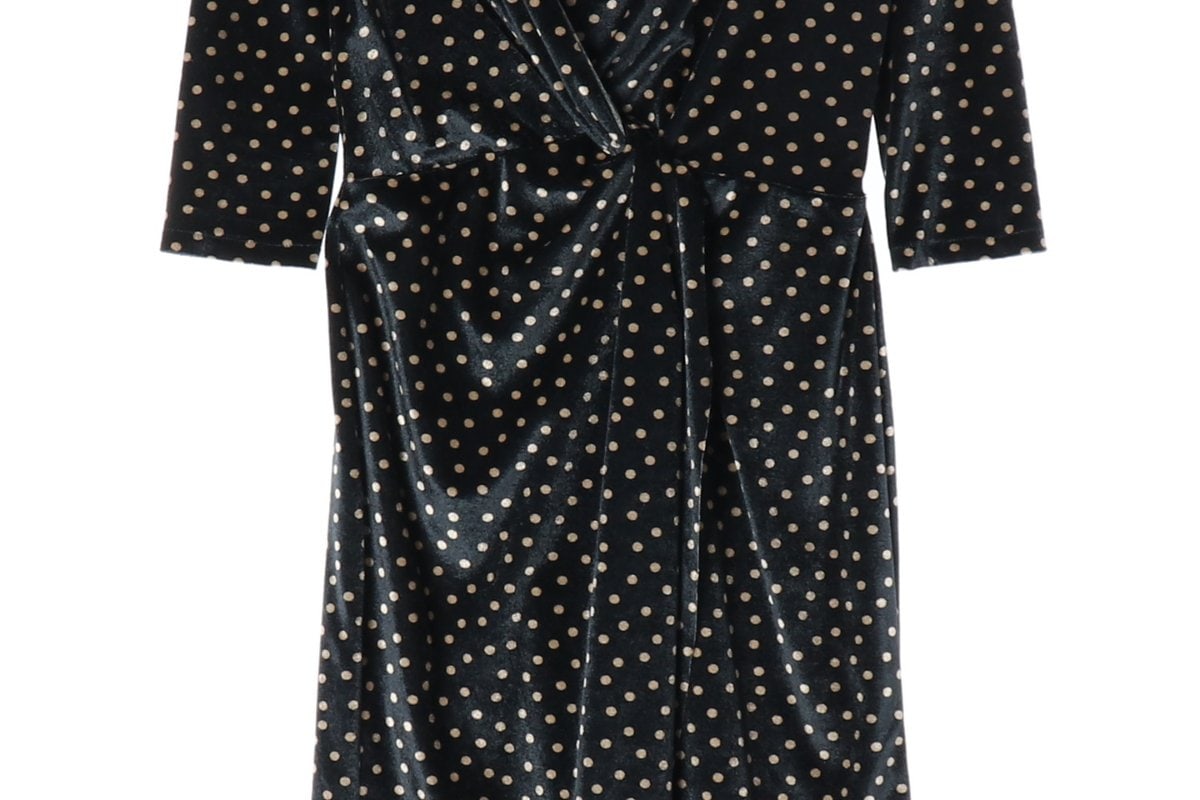 ZARA 자라 블랙 벨벳 도트 땡땡이 브이넥 반팔 랩 원피스 이미지 4
