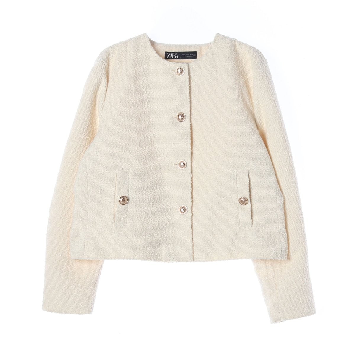 ZARA 자라 아이보리 노카라 라운드 트위드 자켓 재킷 이미지 1