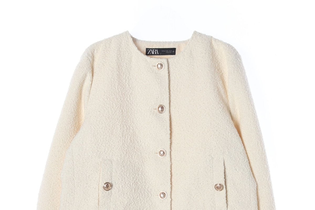 ZARA 자라 아이보리 노카라 라운드 트위드 자켓 재킷 이미지 3