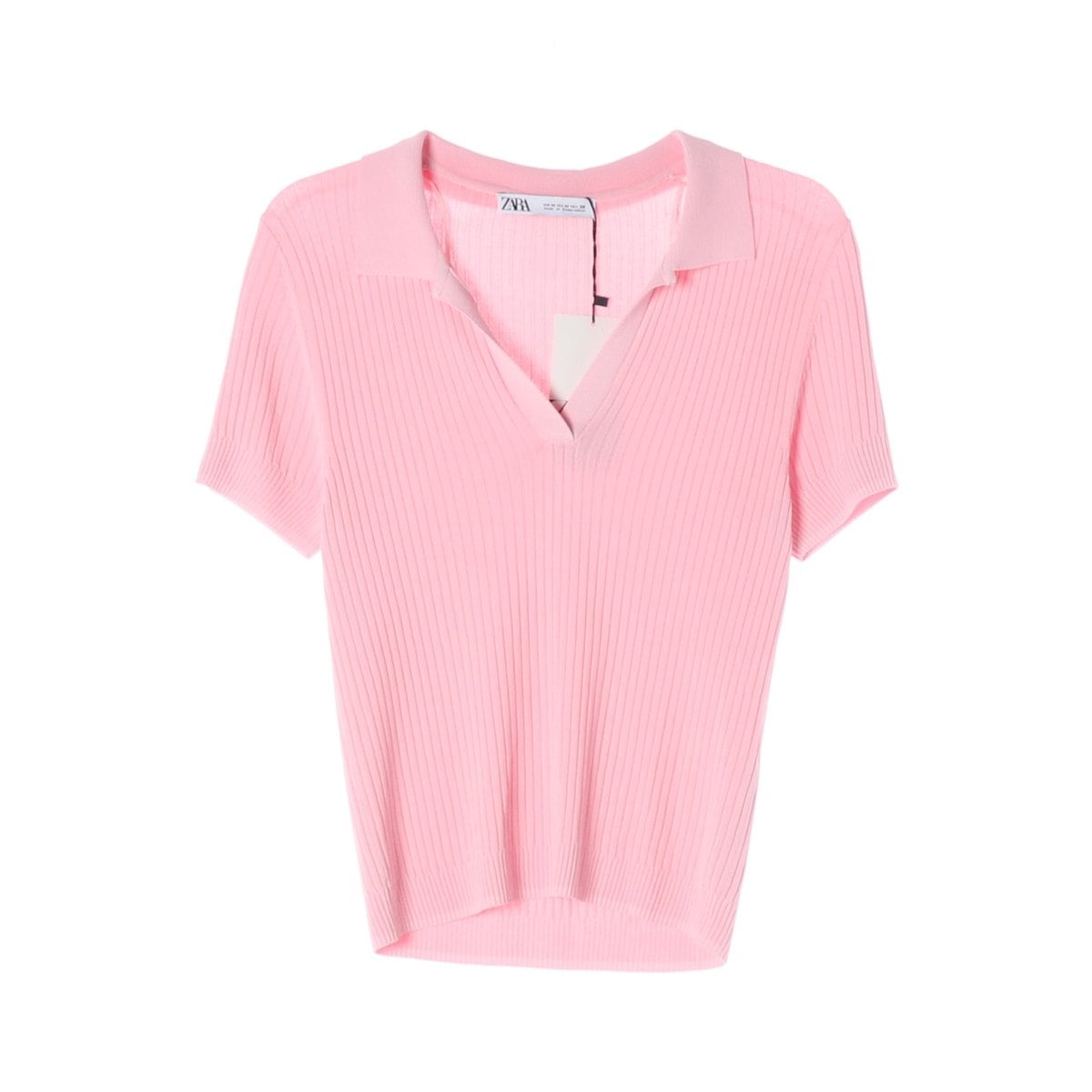 (새상품)ZARA 자라 핑크 오픈 카라 골지 반팔 카라티 티셔츠 상세 이미지 1