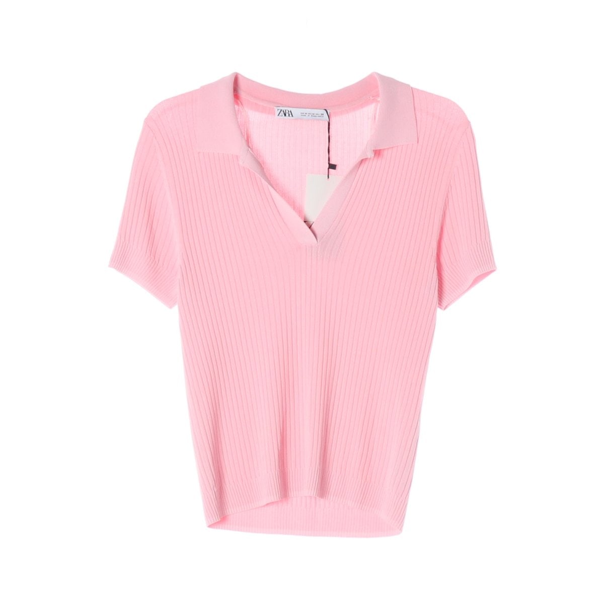 (새상품)ZARA 자라 핑크 오픈 카라 골지 반팔 카라티 티셔츠 이미지 1