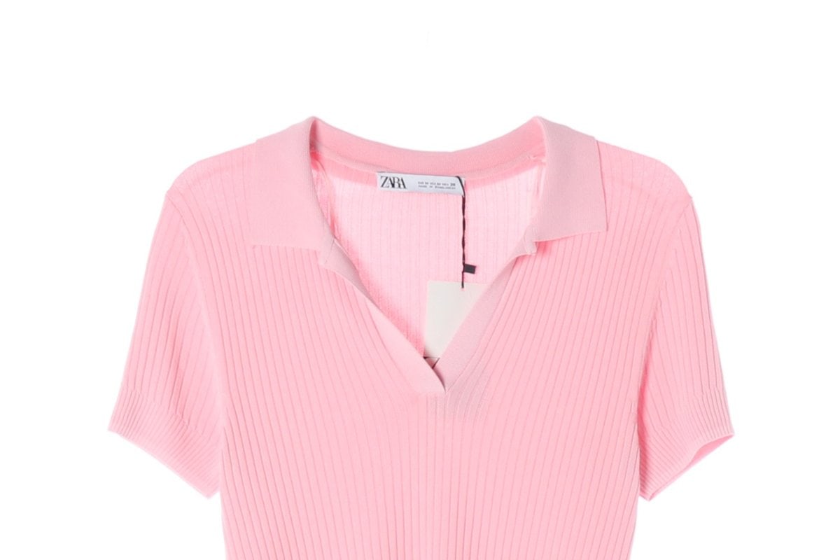 (새상품)ZARA 자라 핑크 오픈 카라 골지 반팔 카라티 티셔츠 이미지 3