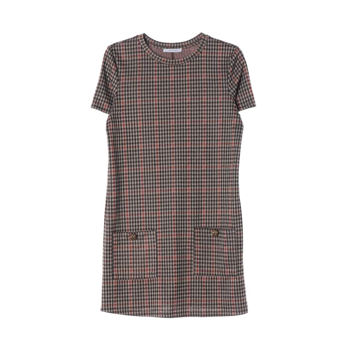 ZARA 자라 브라운 체크 포켓 반팔 미니 원피스 드레스 S 상세 이미지 1