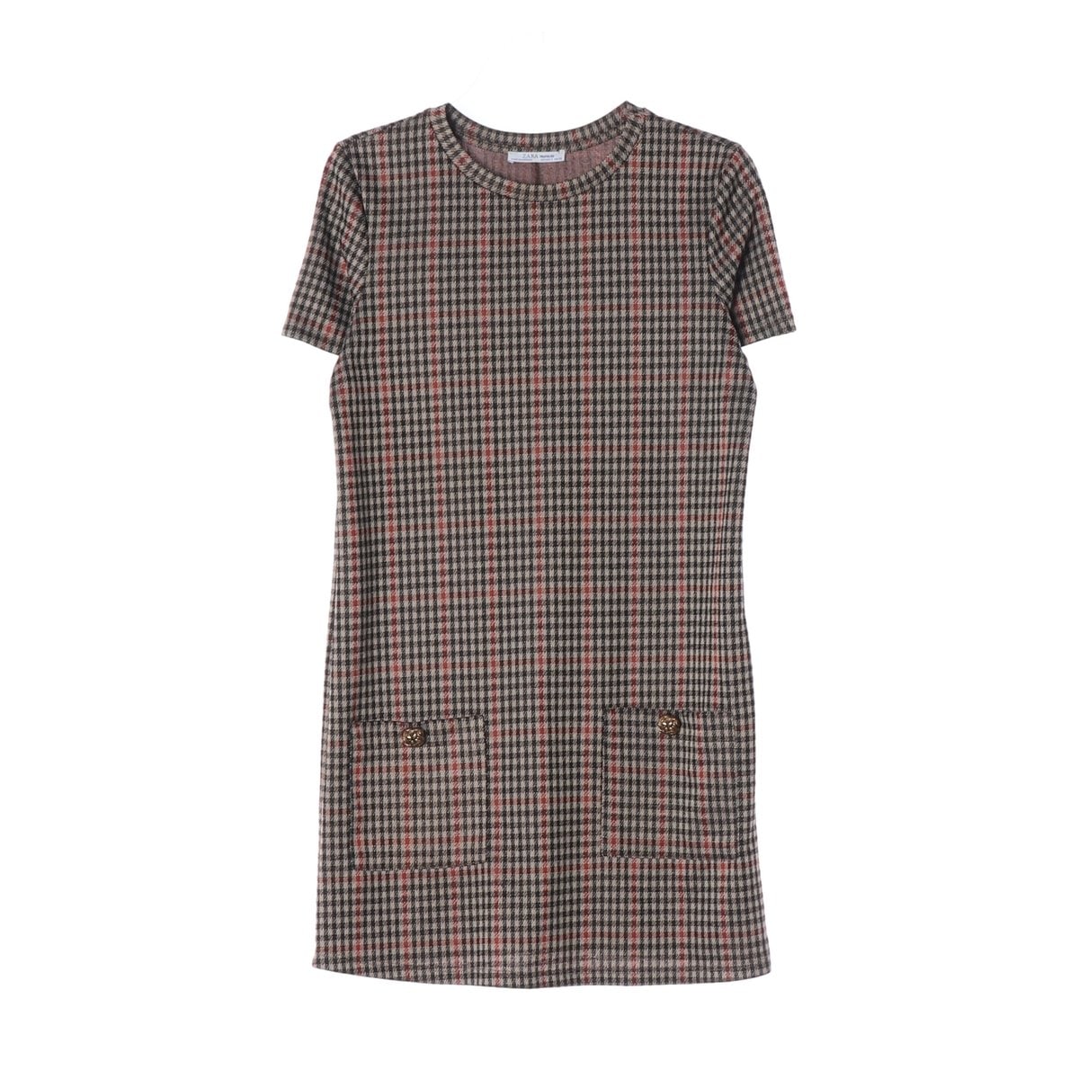 ZARA 자라 브라운 체크 포켓 반팔 미니 원피스 드레스 S 이미지 1