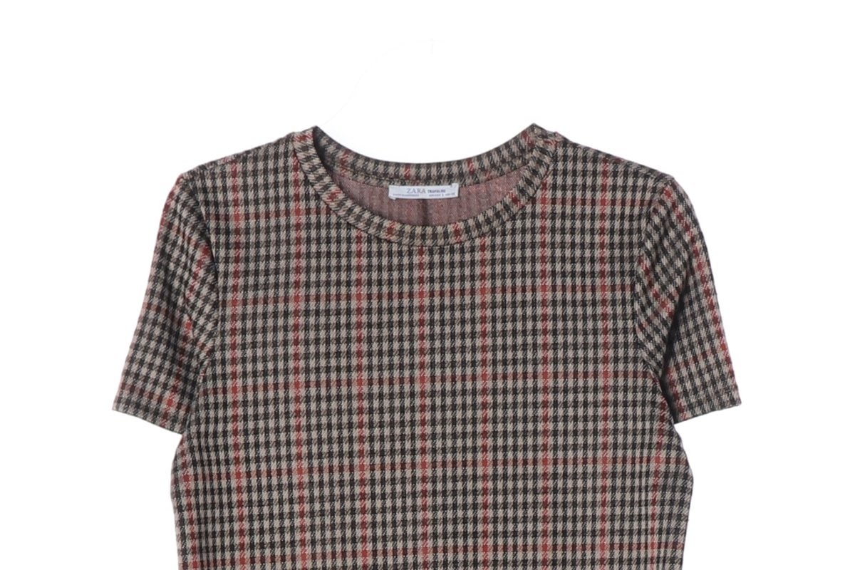 ZARA 자라 브라운 체크 포켓 반팔 미니 원피스 드레스 S 이미지 3
