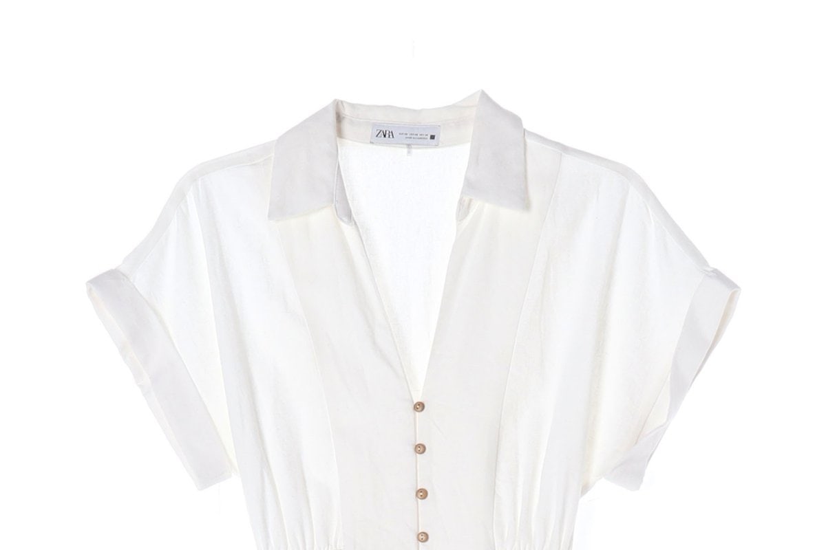 ZARA 자라 린넨 화이트 롤업 반팔 카라 롱 플레어 원피스 드레스 이미지 3