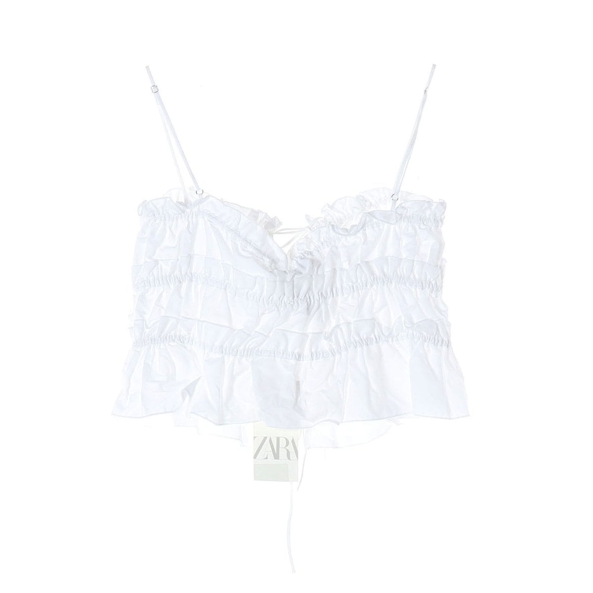 (새상품)ZARA 자라 화이트 코튼 셔링 리본 뷔스티에 나시 크롭 탑 상세 이미지 2