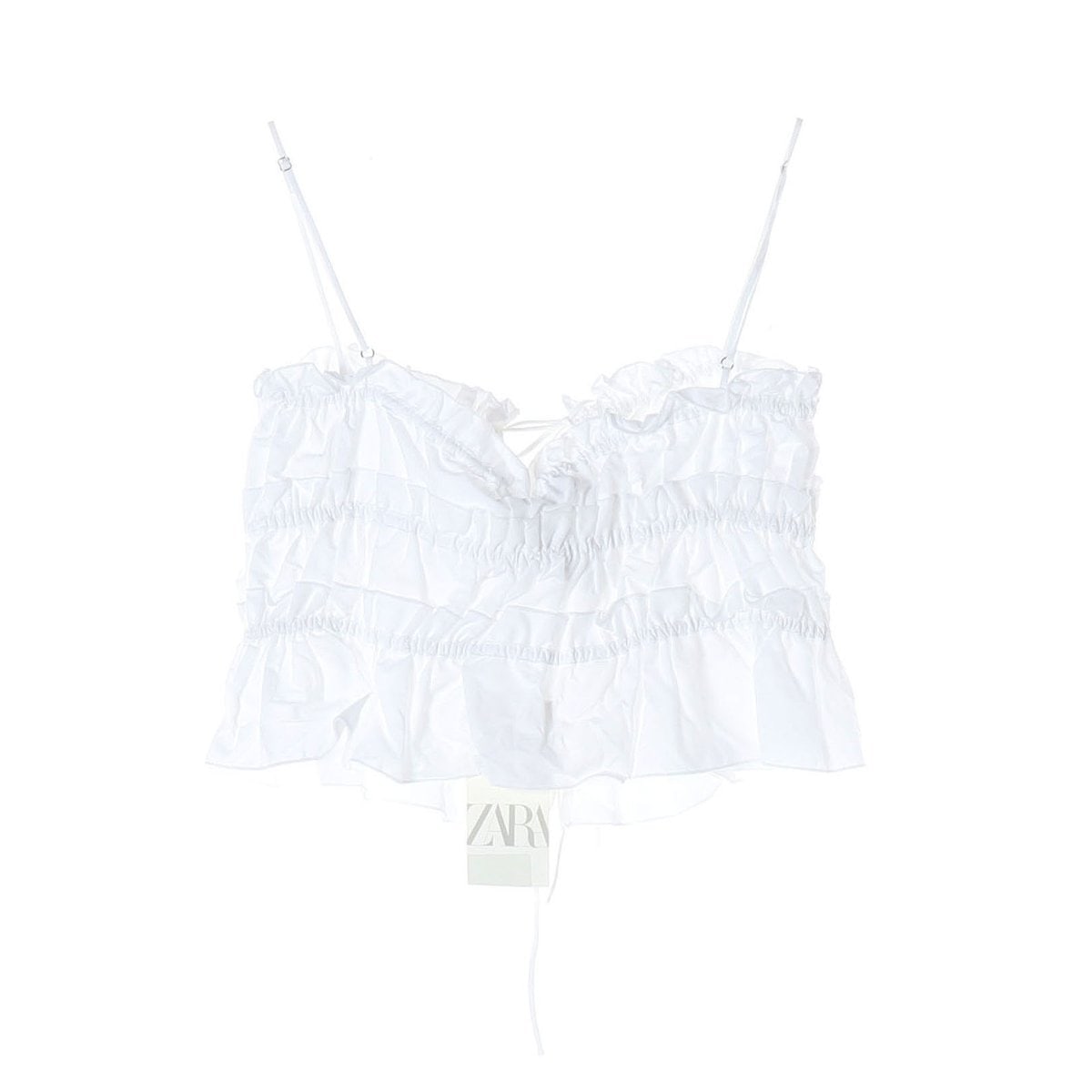 (새상품)ZARA 자라 화이트 코튼 셔링 리본 뷔스티에 나시 크롭 탑 이미지 2