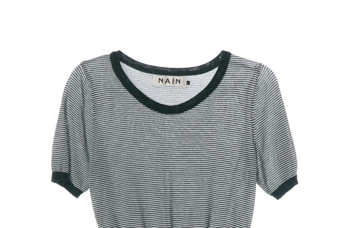 NAIN 나인 다크그린 스트라이프 반팔 니트 탑 상세 이미지 3