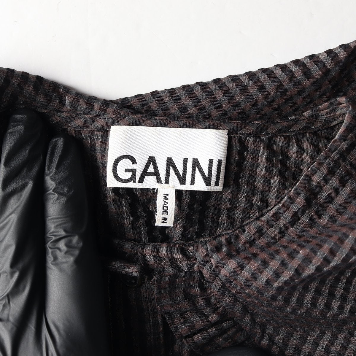 GANNI 가니 블랙 체크 러플 세일러카라 긴팔 블라우스 이미지 5