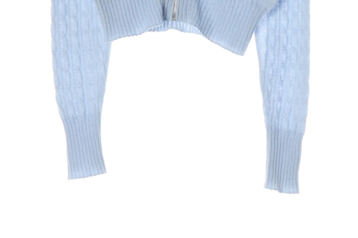 인사일런스 울모헤어 스카이블루 모크넥 케이블 니트 집업 가디건 S 이미지 5