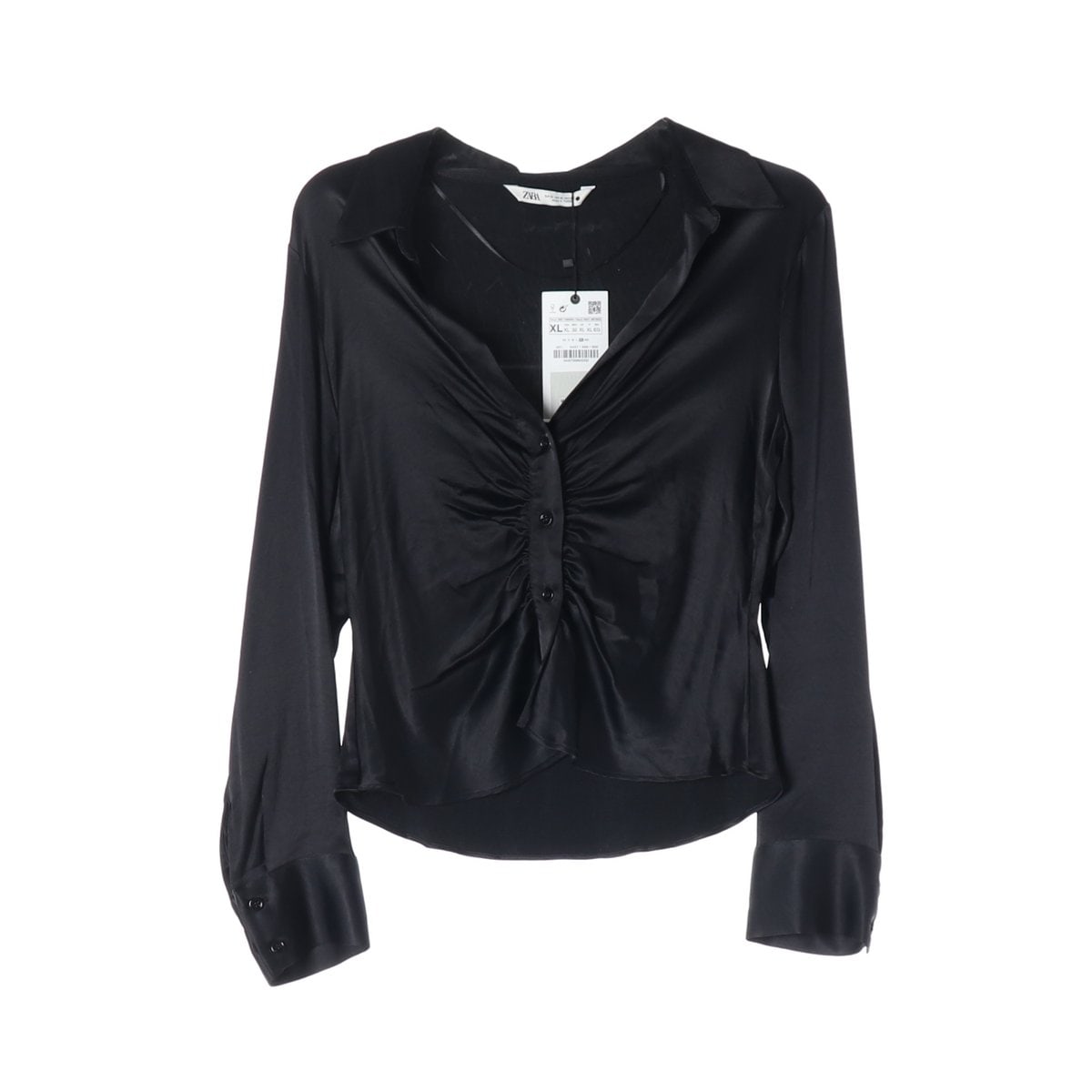 (새상품)ZARA 자라 블랙 새틴 셔링 브이넥 셔츠  이미지 1