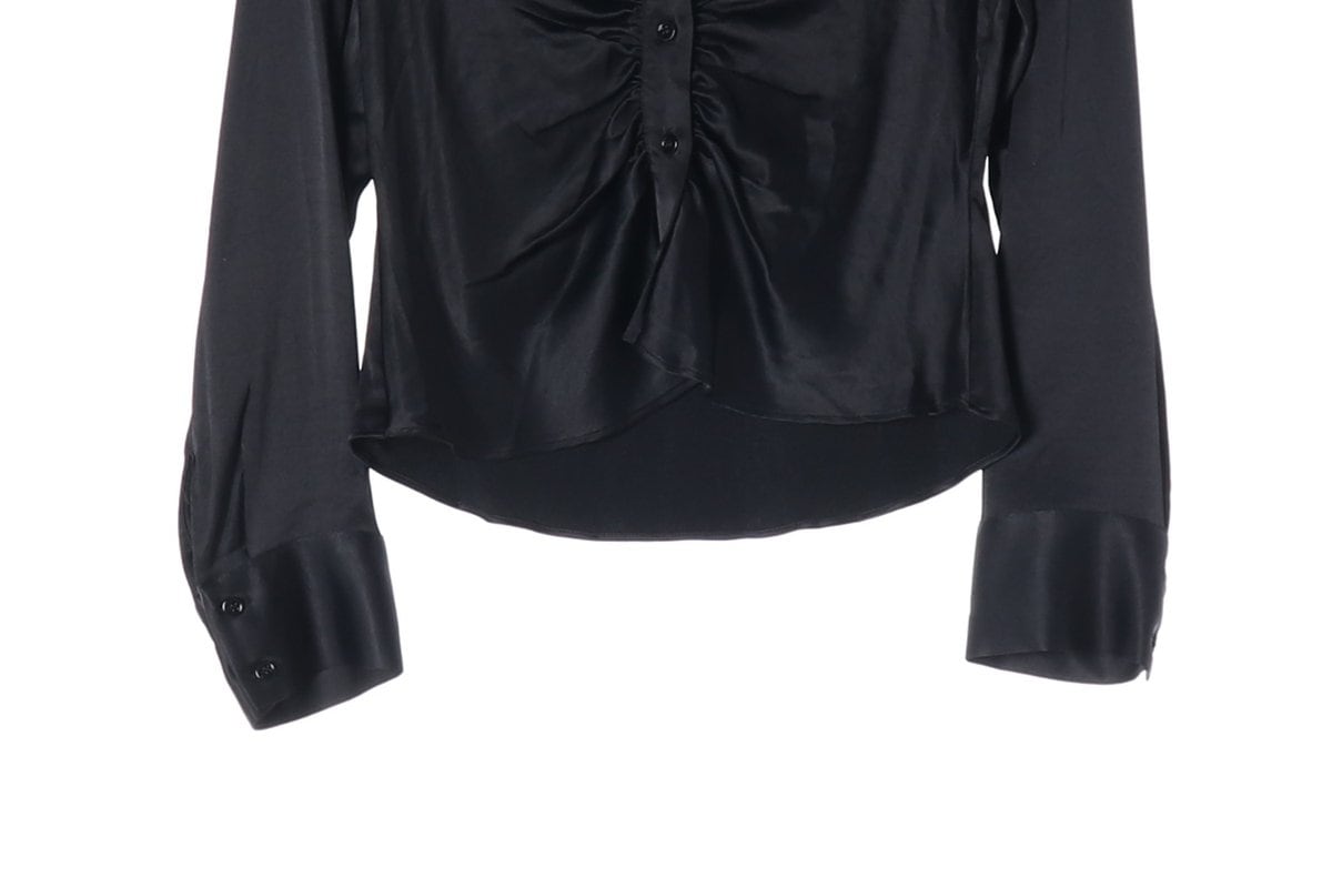 (새상품)ZARA 자라 블랙 새틴 셔링 브이넥 셔츠  상세 이미지 4