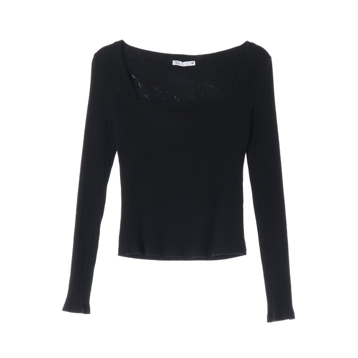 ZARA 자라 블랙 골지 스퀘어넥 긴팔 티셔츠  이미지 1