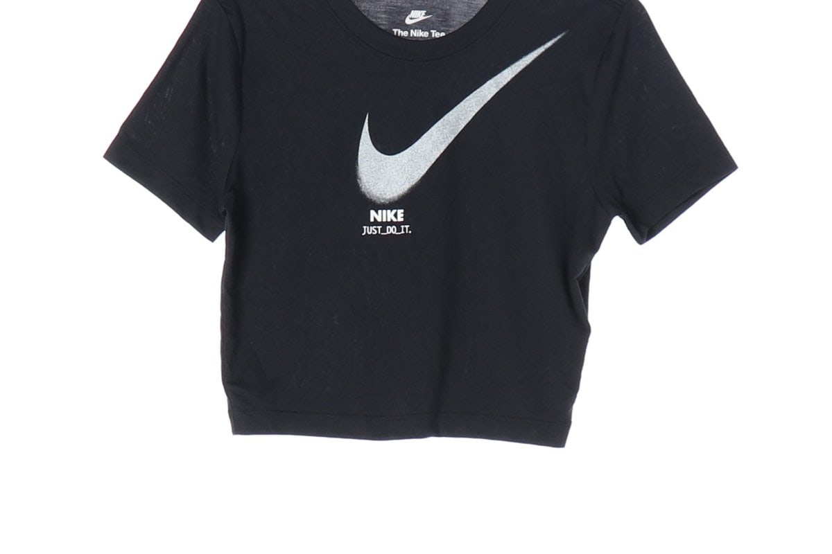 NIKE 나이키 24SS 블랙 스우시 프린팅 반팔 크롭 티셔츠 S 이미지 4