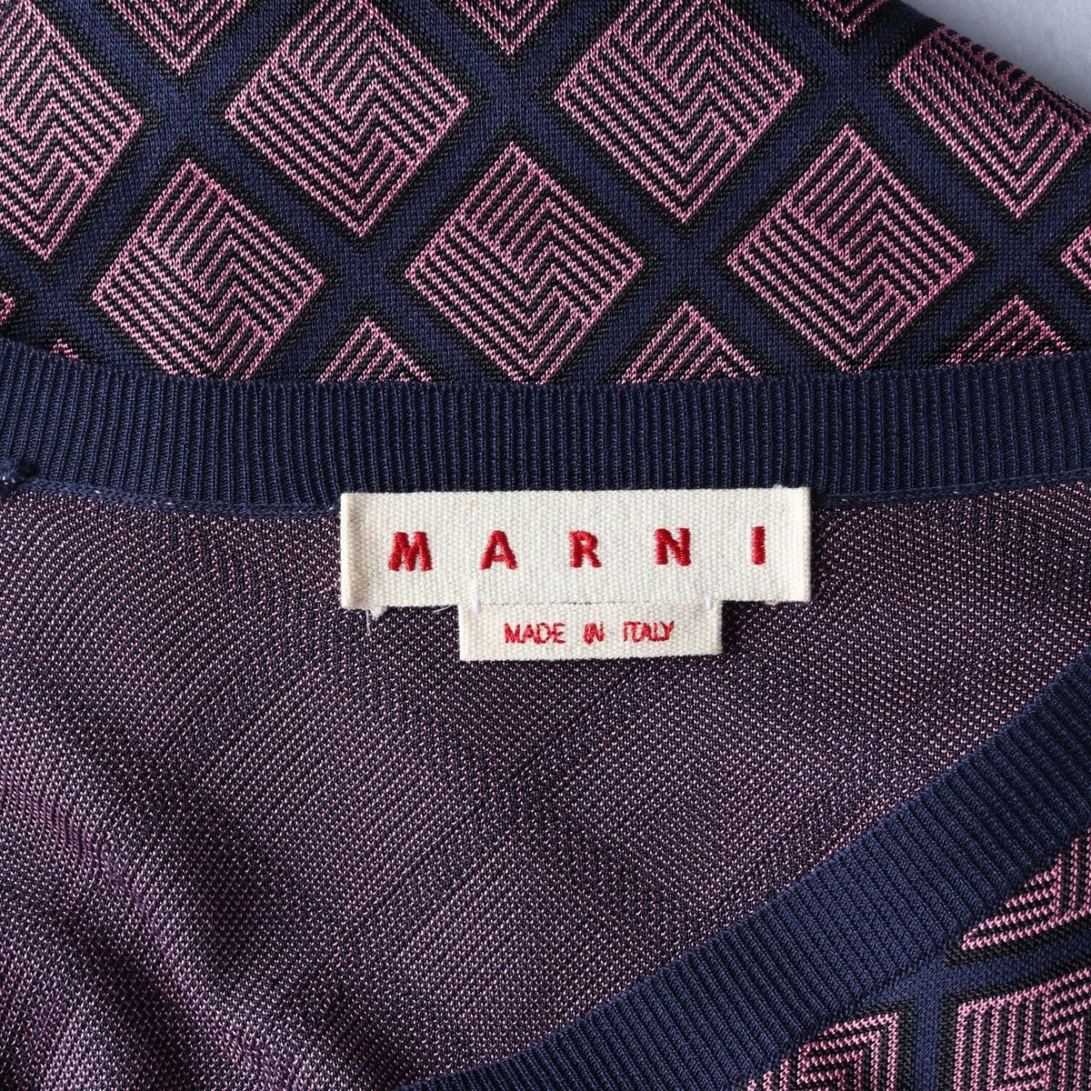 MARNI 마르니 실크 코튼 네이비 핑크 체크 브이넥 가디건  이미지 5