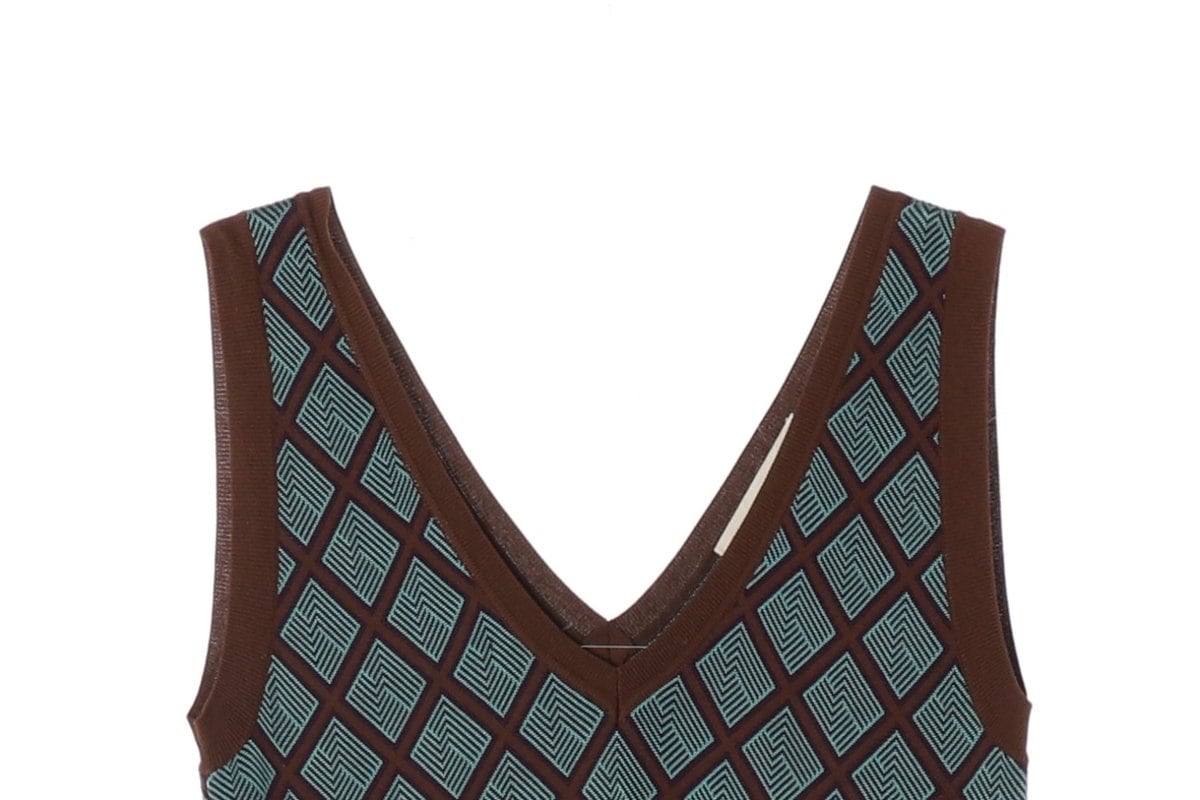 MARNI 마르니 실크 코튼 브라운 그린 체크 브이넥 니트 나시 베스트  상세 이미지 3