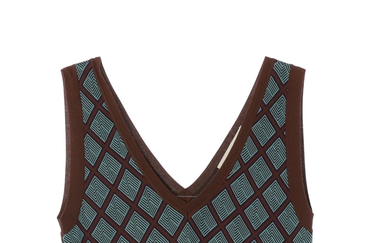 MARNI 마르니 실크 코튼 브라운 그린 체크 브이넥 니트 나시 베스트  이미지 3