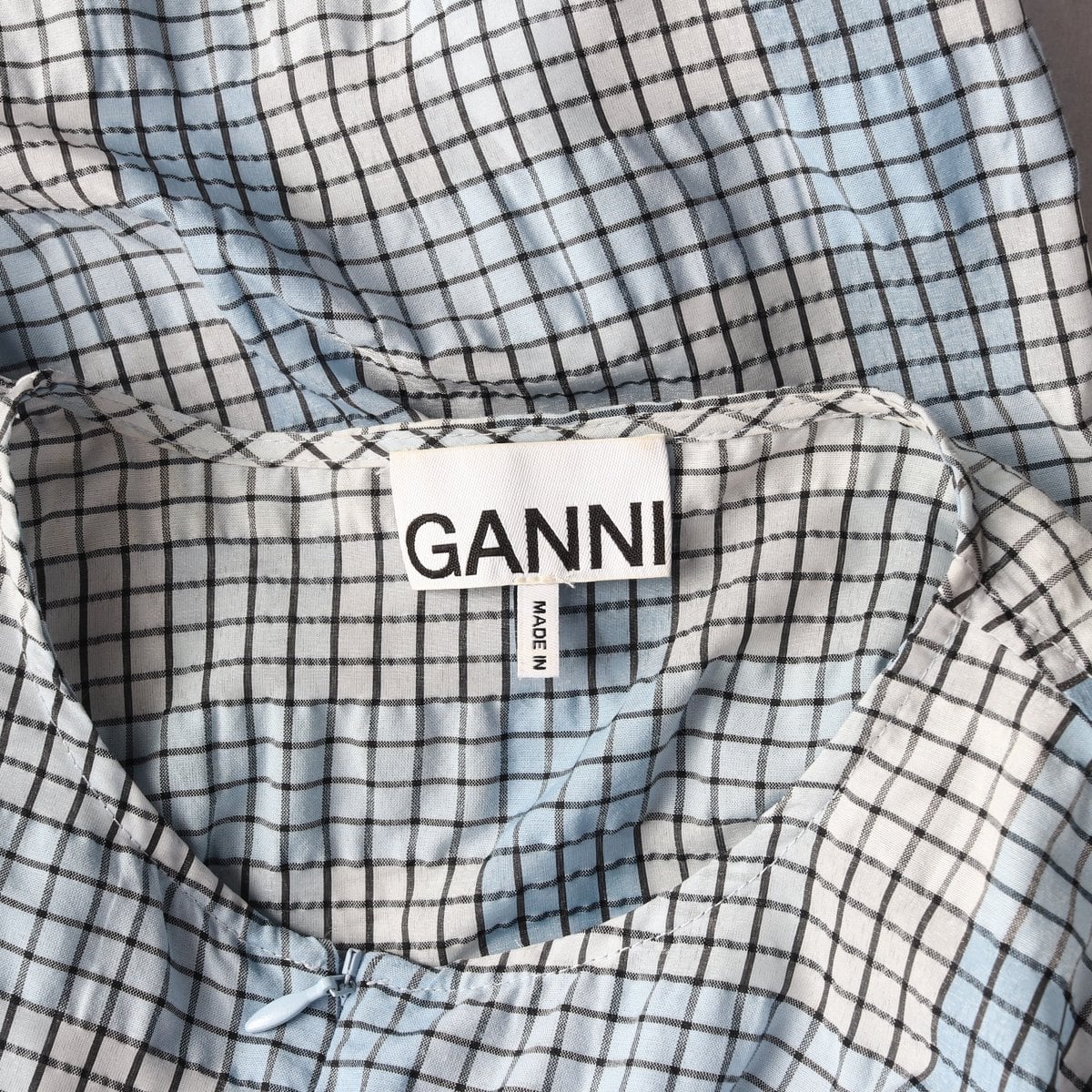 GANNI 가니 블루 체크 퍼프 소매 오버핏 반팔 블라우스  상세 이미지 5