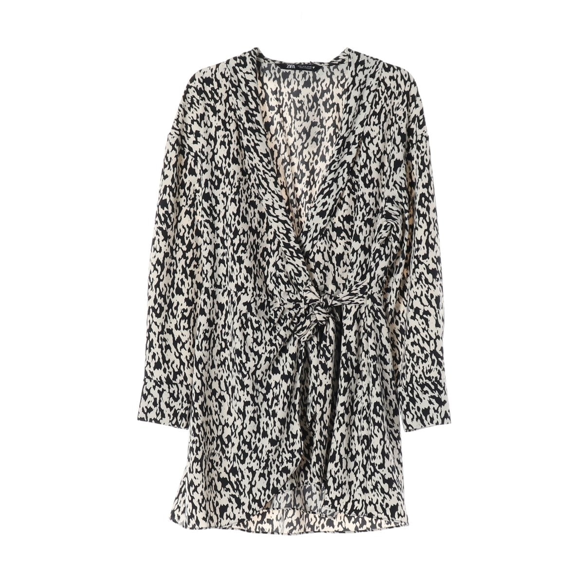 (새상품)ZARA 자라 아이보리 블랙 패턴 카라 랩 긴팔 미니 원피스 S 이미지 1