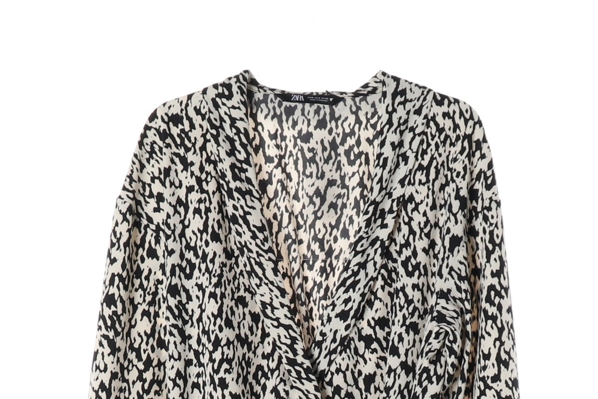 (새상품)ZARA 자라 아이보리 블랙 패턴 카라 랩 긴팔 미니 원피스 S 상세 이미지 3