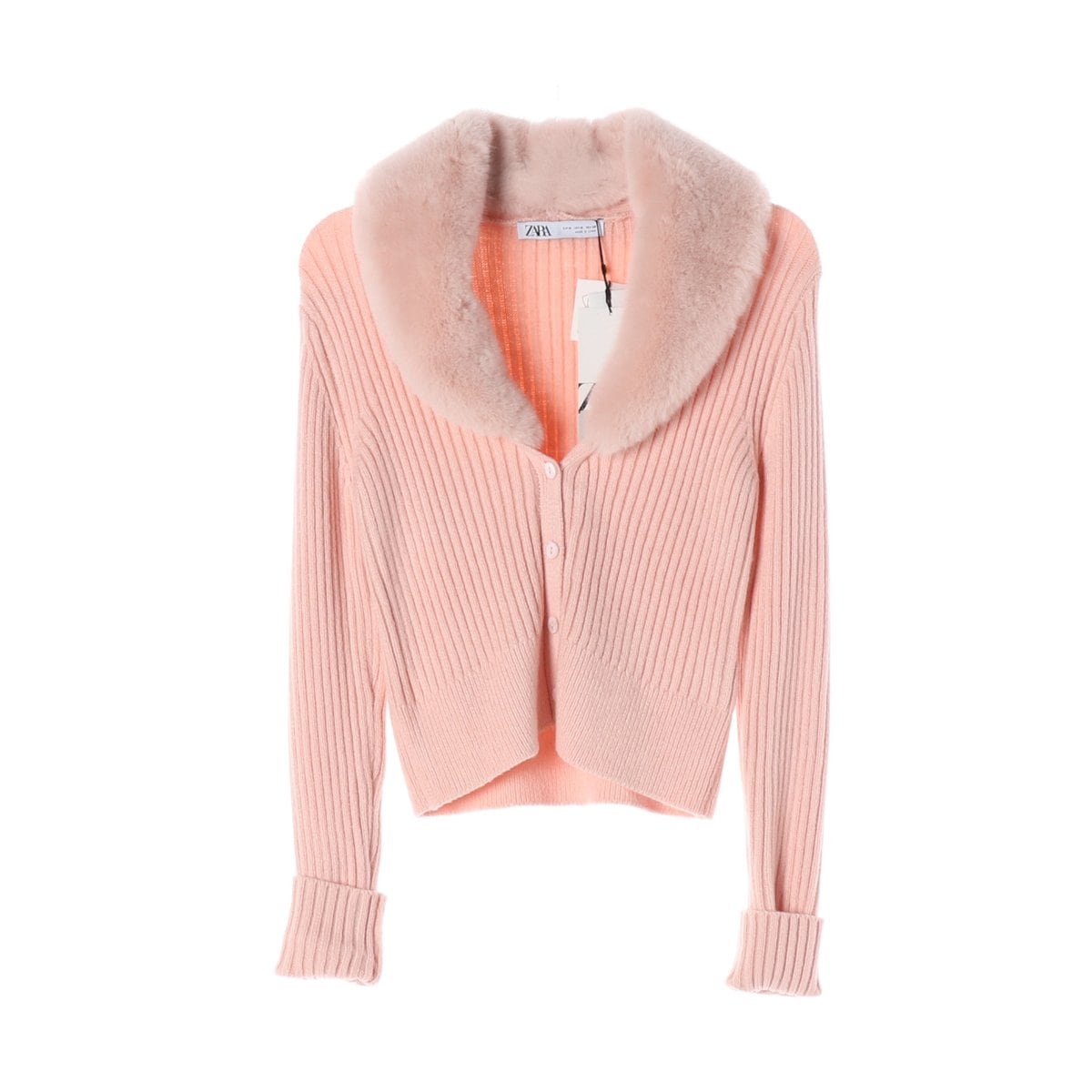 (새상품)ZARA 자라 핑크 퍼 숄 카라 골지 숏 가디건 M 상세 이미지 1