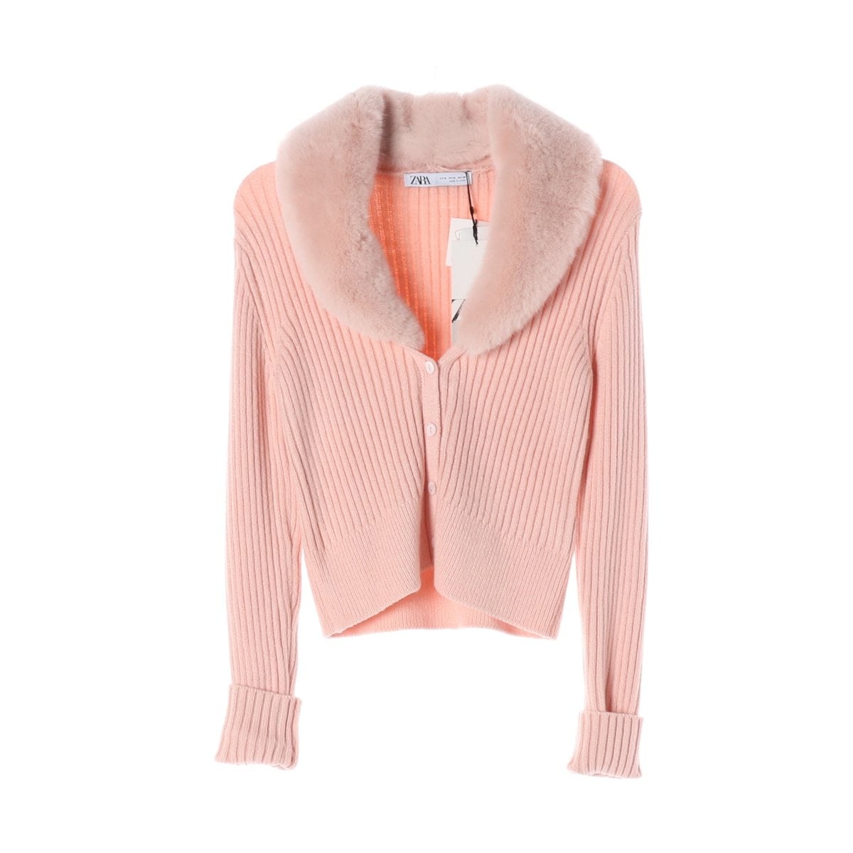 (새상품)ZARA 자라 핑크 퍼 숄 카라 골지 숏 가디건 M 이미지 1
