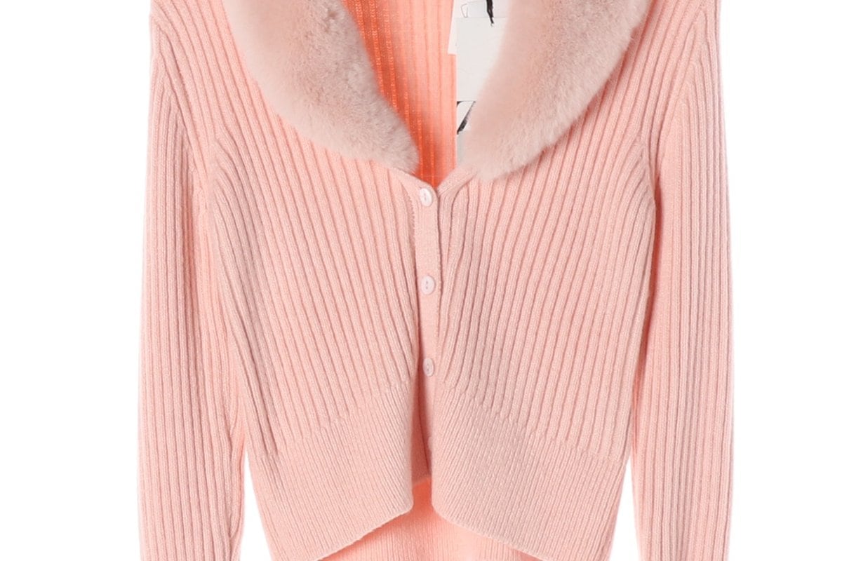 (새상품)ZARA 자라 핑크 퍼 숄 카라 골지 숏 가디건 M 상세 이미지 4