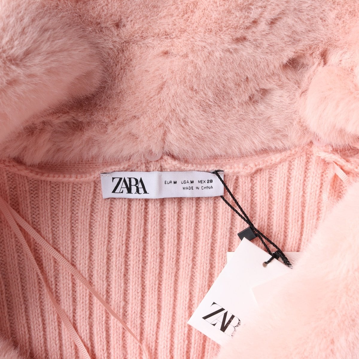 (새상품)ZARA 자라 핑크 퍼 숄 카라 골지 숏 가디건 M 상세 이미지 6