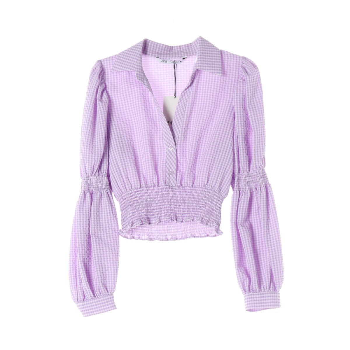 (새상품)ZARA 자라 라벤더 체크 카라 긴팔 스모킹 블라우스S 상세 이미지 1