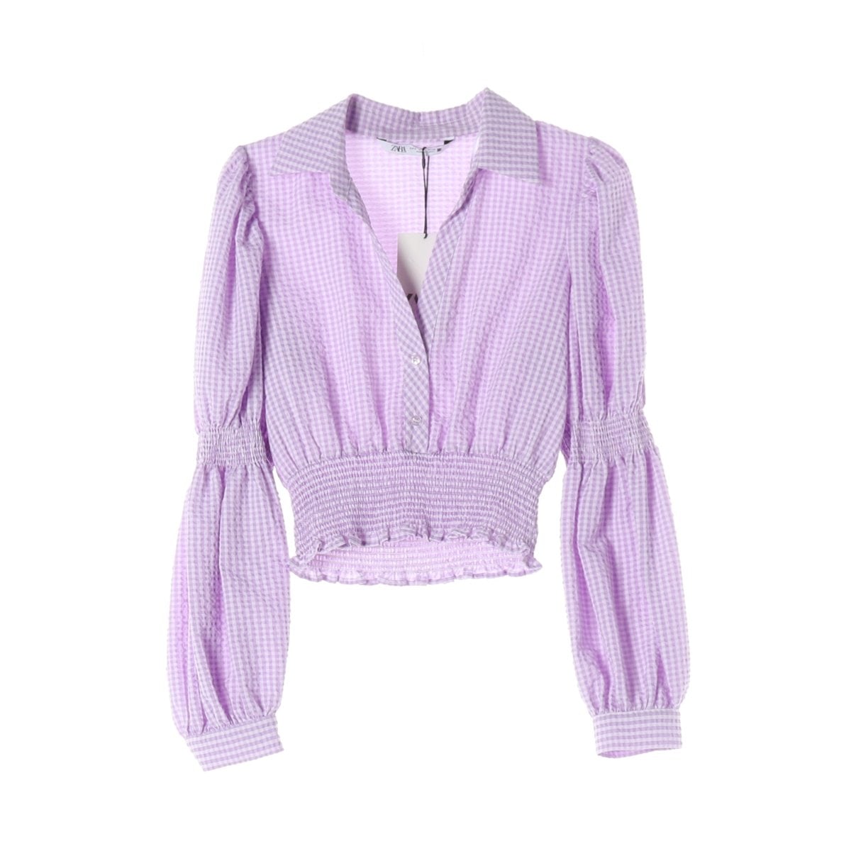 (새상품)ZARA 자라 라벤더 체크 카라 긴팔 스모킹 블라우스S 이미지 1