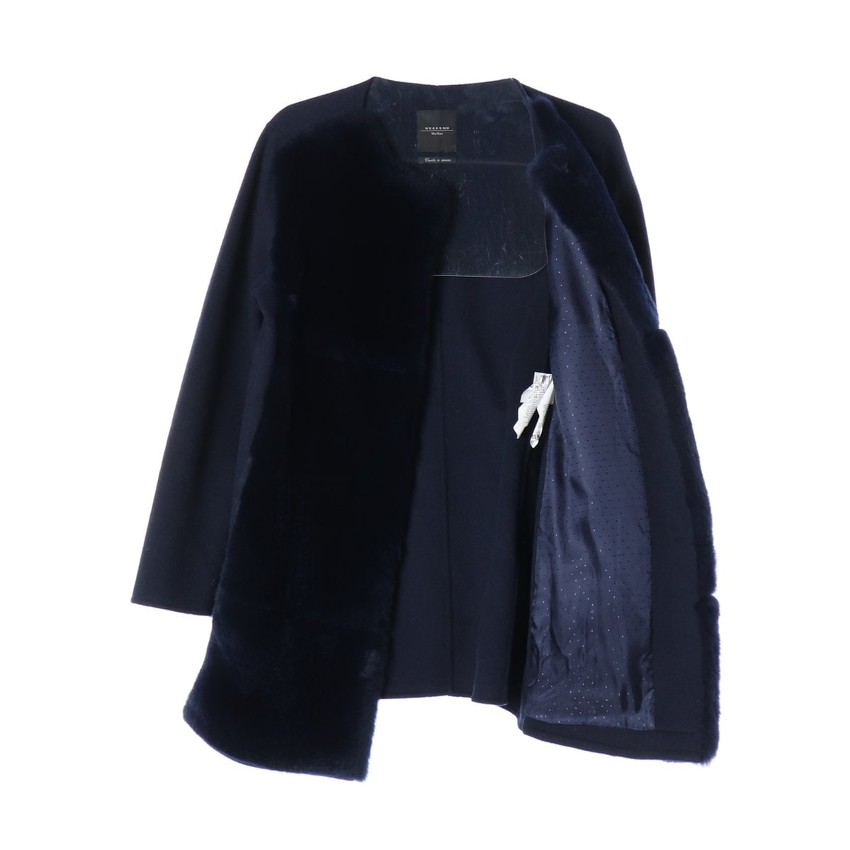 MAX MARA 막스마라 울90% 네이비 모피 퍼 배색 노카라 라운드 코트 이미지 2