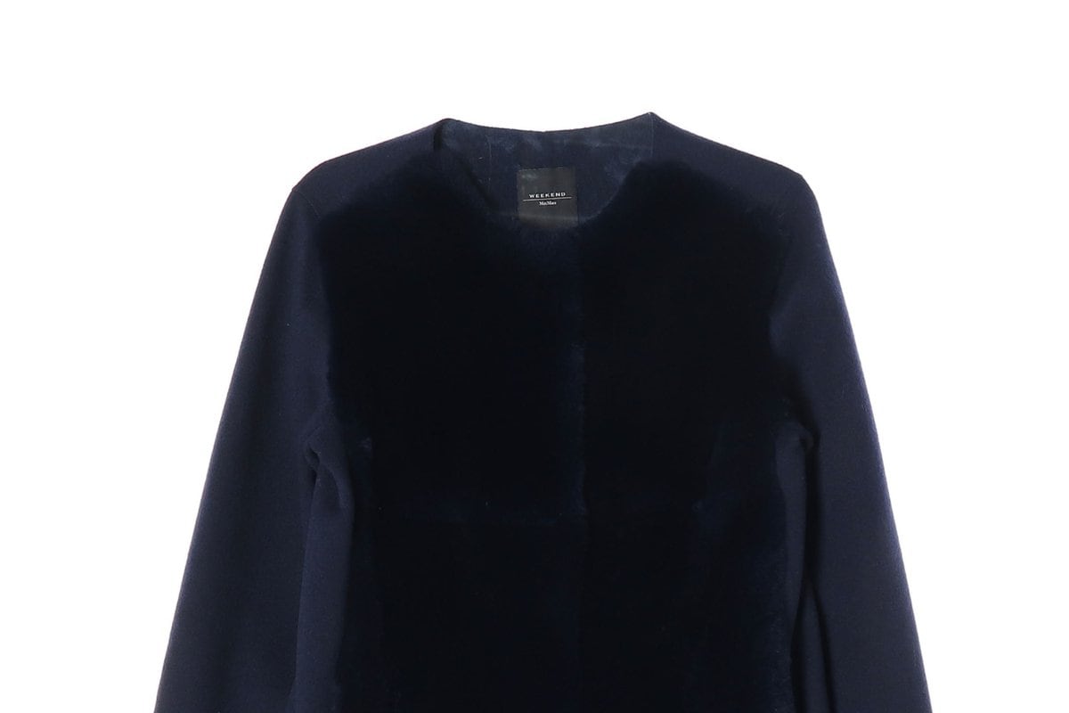 MAX MARA 막스마라 울90% 네이비 모피 퍼 배색 노카라 라운드 코트 상세 이미지 4