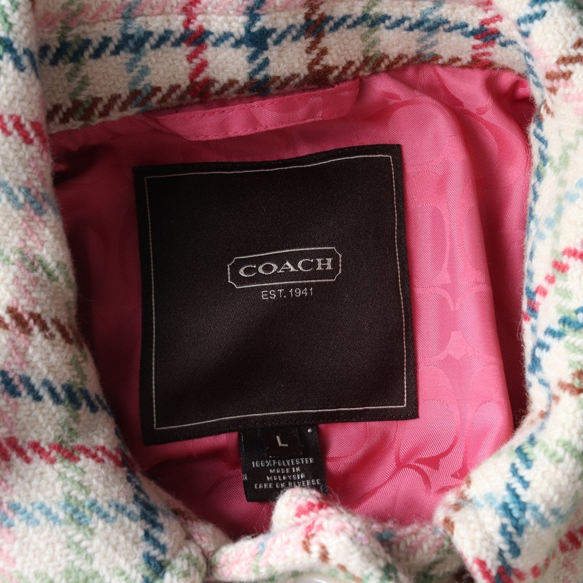 COACH 코치 울100% 아이보리 멀티 체크 하프 싱글 코트  L 상세 이미지 6