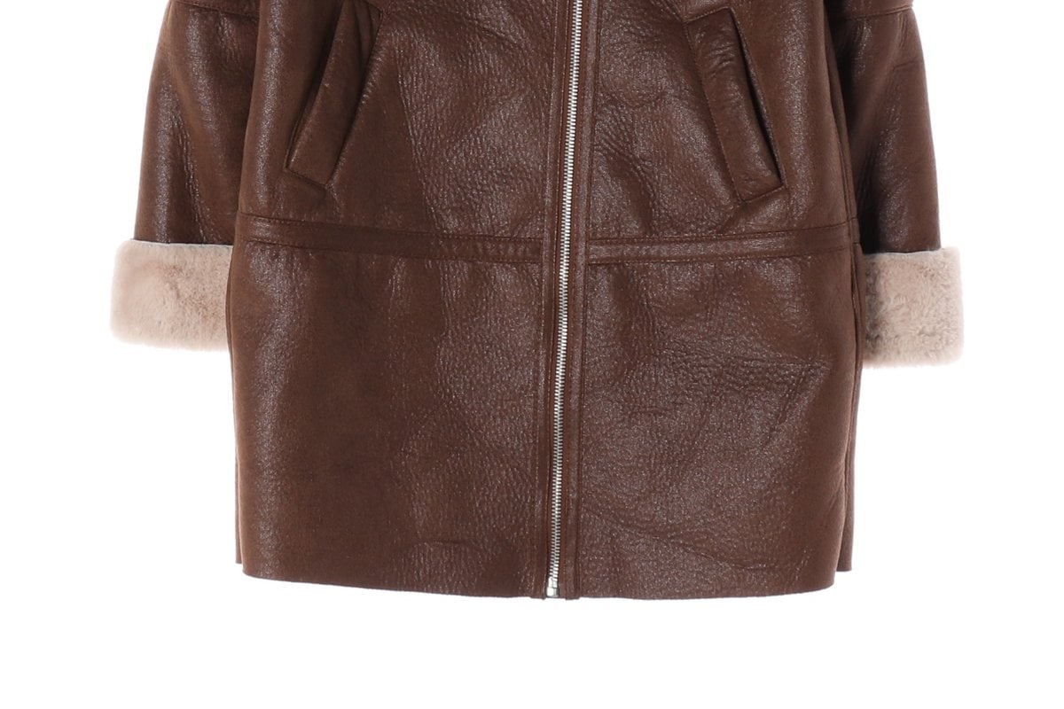 ZARA 자라 브라운 레더 퍼 무스탕 코트 M 이미지 5