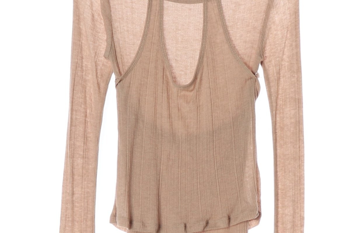 (새상품)LEEY 엘이이와이 베이지 레이어드 홀터넥 긴팔 티셔츠 이미지 4
