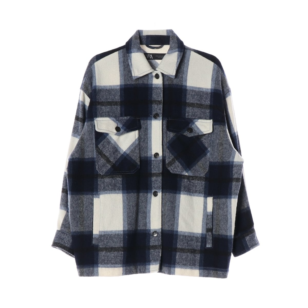 ZARA 자라 네이비 체크 아웃포켓 셔츠 울 자켓 셔킷 재킷 M 상세 이미지 1
